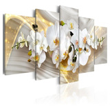 Quadro Decorativo Mosaico 5 Peças Orquídea Branca E Dourada 