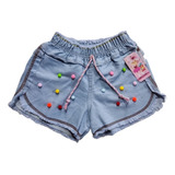 Shorts Jeans Feminino Infantil Com Pompom.