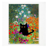 Cuadro De Gustav Klimt Con Gato Negro Y Flores, Arte Abstrac