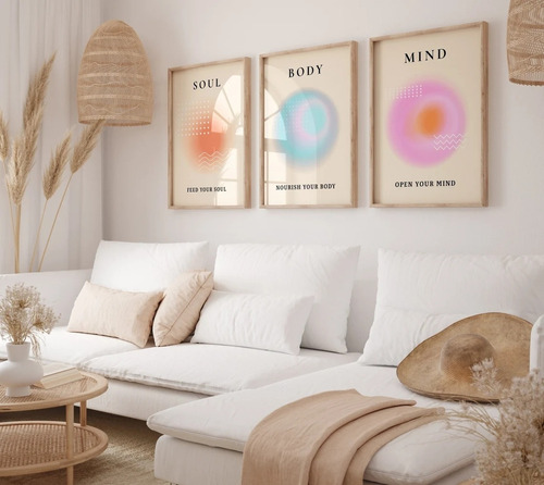 Set De 3 Cuadros Con Vidrio Aura Soul Body Mind 30x40 Cm. 