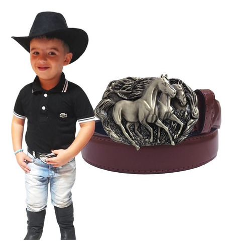 Cinto Fivela Country Marrom Infantil Bebê 2 Cavalos Prata