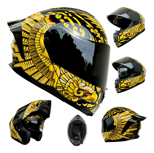 Casco Moto Negro Aguila Dorado Abatible Luz Trasera Zero Dot