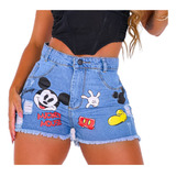 Shorts Jeans Feminino Boyfriend Silkado Mickey Desenho Minie