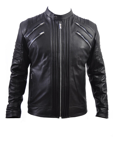 Chamarra Piel Borrego Pelibuey Slim Fit Hombre Tipo Biker 