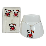 Collar Oso Panda Corazon Rojo De Plata Aretes Y Pulsera  A7