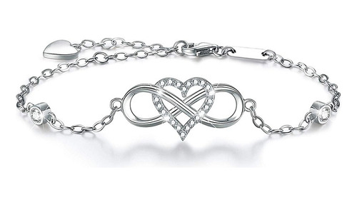 Pulsera Plata S925 Oro Blanco Forever Love Corazón Infinito