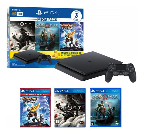 Playstation 4 Slim 1tb Mega Pack - Ps4 Slim 1tb + 3 Jogos Físicos Com Nota Fiscal E Garantia