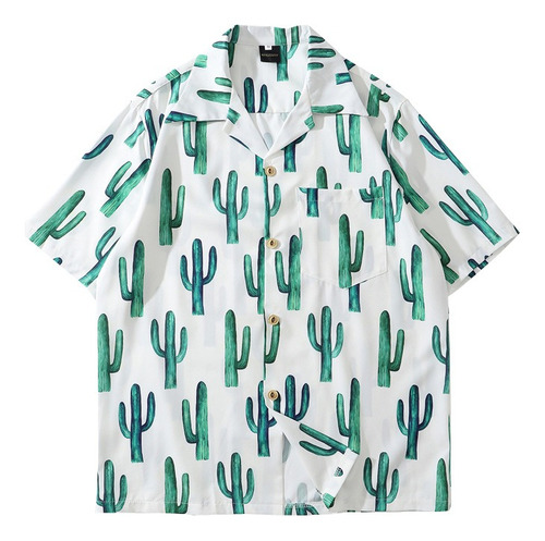Camisa Unisex Manga Corta Cactus Hawaiana Cuello Solapa