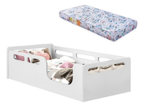 Berço Cama Montessori Solteiro Branco + Colchão