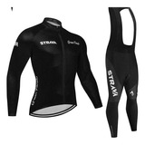 Conjunto Ciclismo Bike Bretelle Calça Camiseta Longa Strava