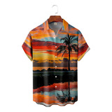 Camisa Hawaiana Unisex Naranja Con Forma De Árbol De Coco, C