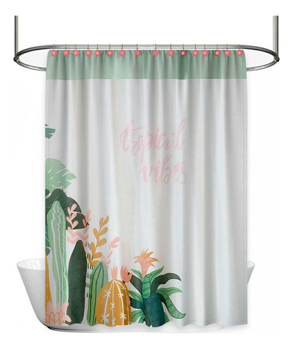 Combo Cortina Baño Chenille Tropical Vibes + Ganchos Rustic 