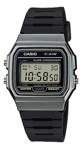 Reloj Casio Digital F-91w Black Clásico Unisex Retro Color De La Correa Negro Color Del Bisel Gris Oscuro Color Del Fondo Gris