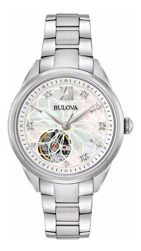 Reloj Bulova Diamond Automatic 96p181 Para Dama E-watch Color De La Correa Plateado Color Del Bisel Plateado Color Del Fondo Blanco