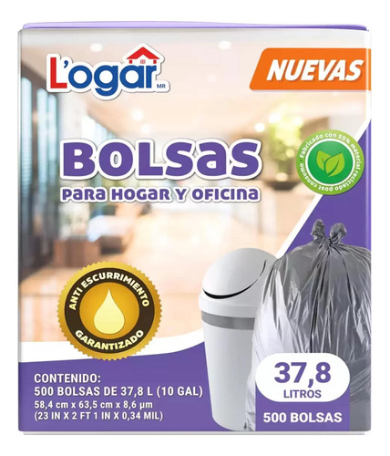 500 Bolsas Para Basura Biodegradable 37.8l Mediana Gris