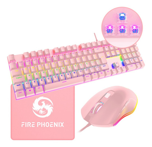 Kit Teclado + Mouse Mecânico Abnt2 Rgb Switch Blue Be-k2 Cor Do Mouse Rosa Cor Do Teclado Rosa