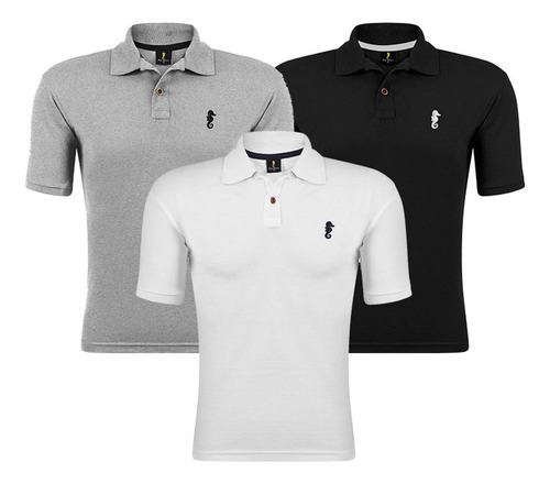 Kit 3 Camisa Gola Polo Marine Camiseta Cavalo Marinho