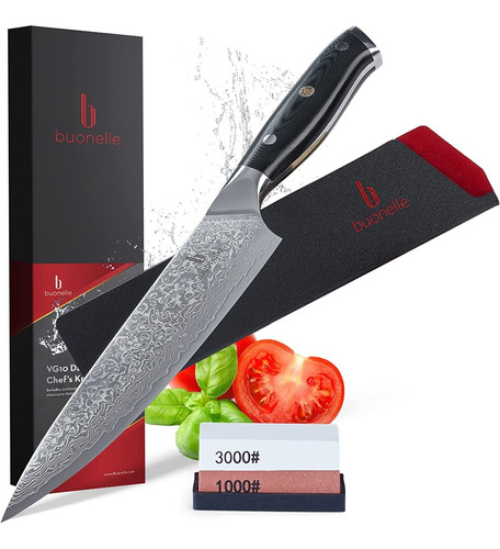 Damascus Chef Knife With Whetstone Sharpener  8 Inch Pro...