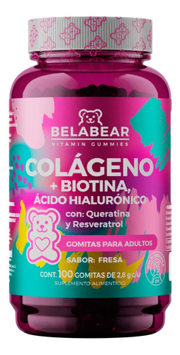 Belabear Colágeno + Biotina Y Ácido Hialurónico 100 Gomitas Sabor Fresa