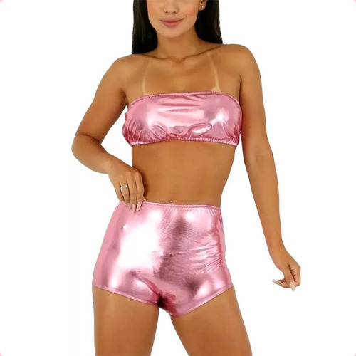 Conjunto Feminino Metalizado Carnaval Fantasia Bloquinho Top