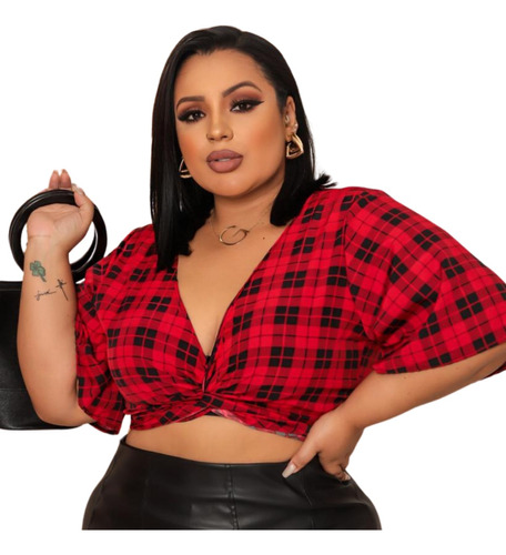 Blusinha Feminina Xadrez Plus Size Cropped De Amarrar Junina