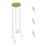 Lustre Pendente Triplo Globo 12 Dourado Fosco C/ Led Quente