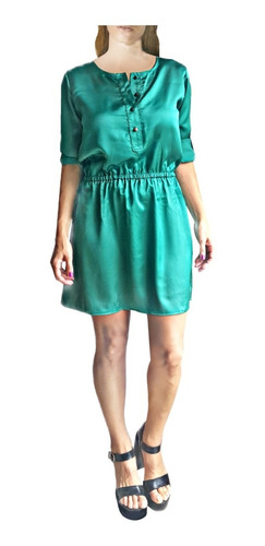 Vestido Camisero Corto De Seda Verde