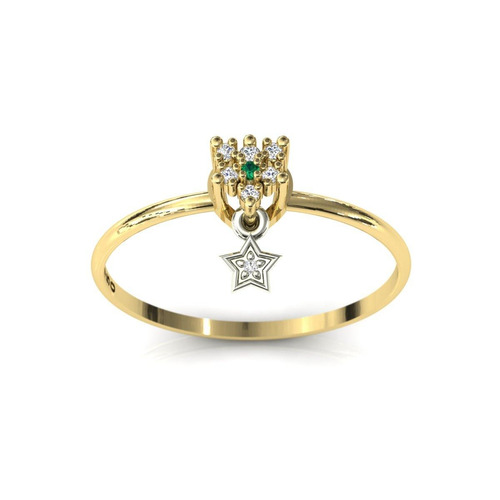 Anel 18k Pingente Estrela Esmeralda Diamantes - Cor Ouro