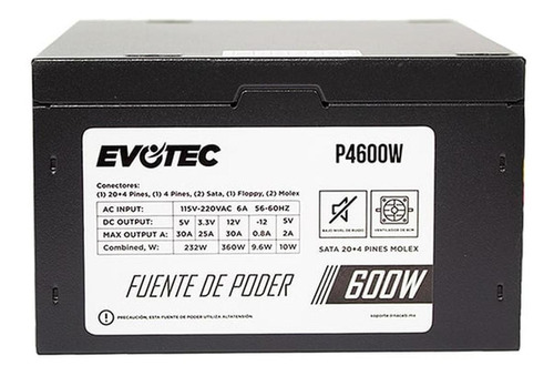 Fuente De Poder Pc 600w Evotec P4600w Atx 24 Pines Sata