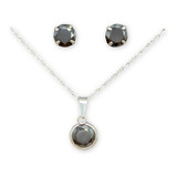 Conjunto Punto Luz Negro Onex Collar Dije Aros Plata Fina 