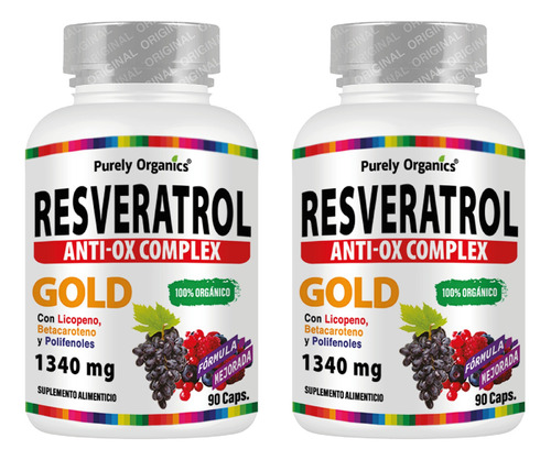 Combo 2 Resveratrol Purely Organics Anti-ox Complex Gold | 90 Caps Sabor Sin Sabor