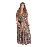 Maxi Vestido Largo Leopardo Estampado Animal Print Mang [u]