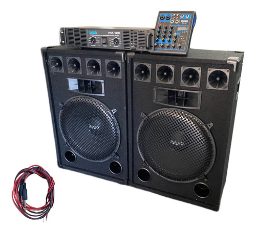 Combo Audio 2 Bafle 15 + Potencia + Mixer 4 Canales Bt Y Usb