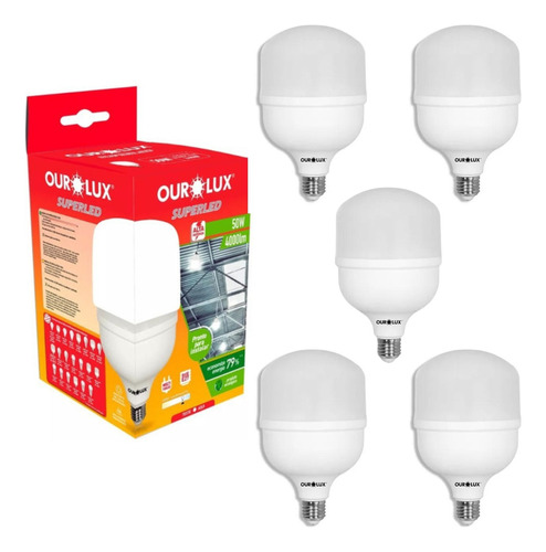 Kit 5 Lâmpadas Led Bulbo 50w Superled Ourolux Alta Potencia