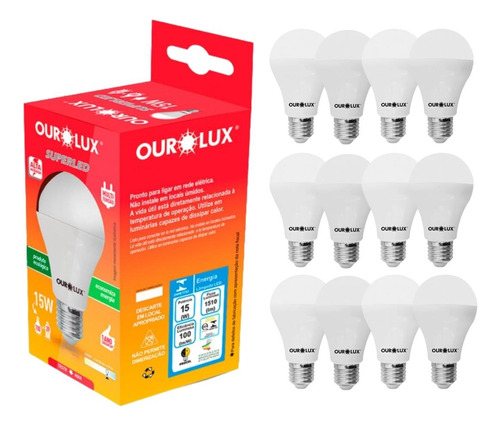 Kit 12 Lâmpadas Led Bulbo Potência 15w Bivolt Branco Frio