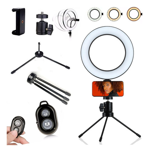 Ring Light Iluminador Led Selfie Tripé Mesa 16cm + Bluetooth
