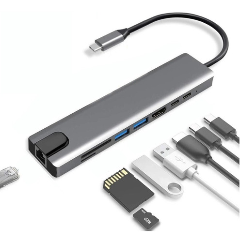 Adaptador Hub 8 En 1 Puertos 4k Hdmi Usb 3.0 C3.1 Sd Macbook