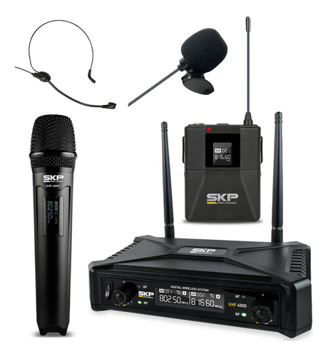 Set Micrófono Inalámbrico De Mano Skp Uhf-400d Con Body Pack Color Negro