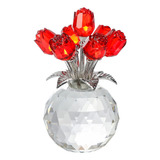 Figura De Cristal De Flor De Rosa Roja Con Jarron, Ramo De F