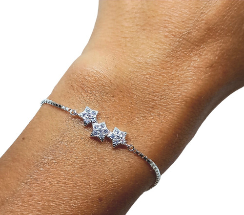 Pulsera Plata 925 Regulable Con Dije Estrellas Con Cubics