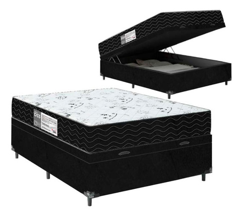 Cama Box Baú Viúva + Colchão D33 One Face - Suede Preto