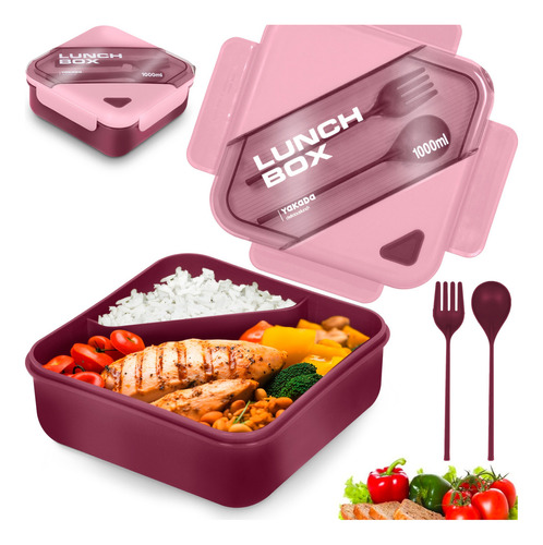 Lunch Box Bento Lonchera Térmica 1 L Con Cuchara Tenedor Color Rojo Lunch Box Cuadrado