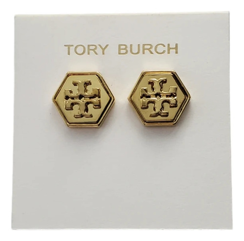 Aretes Tory Burch Logo Grande Hexagonal Dorado Chapado Oro