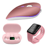 Kit Mix Rosa Fone De Ouvido E6s Mouse Slim Smartwatch D20