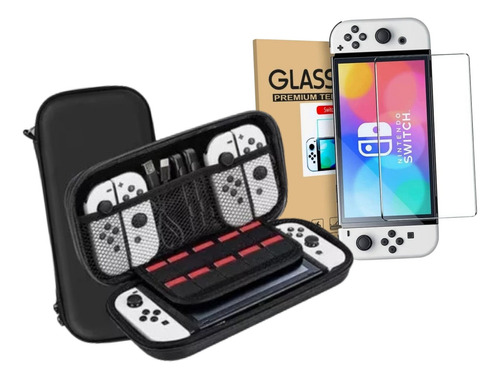 Estuche Protector Duro + Lamina Mica Nintendo Switch Oled H9 Color Negro