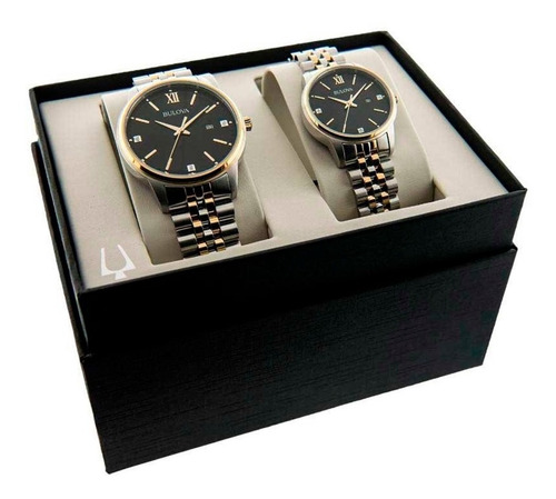 Set Reloj Bulova Classic Original Diamante Para Hombre/mujer Color De La Correa Acero/dorado Color Del Bisel Dorado Color Del Fondo Negro