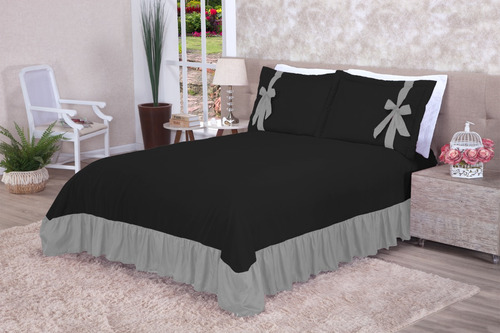 Kit Colcha Cobre Leito Com Babado 3 Peças Helo Cama Casal Cor Preto/cinza