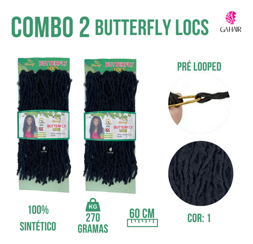 Combo 2 Cabelos Butterfly Locs Sintetico 60 Cm Weng - Dread Cor Preto Cor 1