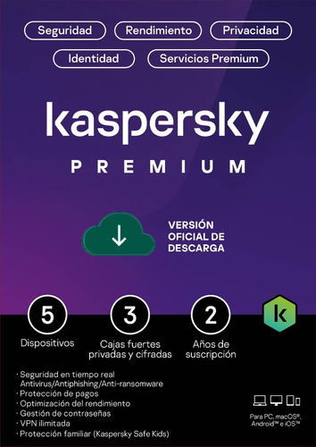 Kaspersky Premium 5 Disp 3 Cuentas Kpm 2 Años Total Security