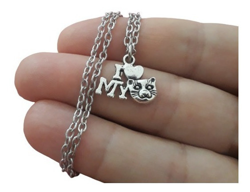 Collar Metal Plateado Dije Colgante I Love My Cat Gatito